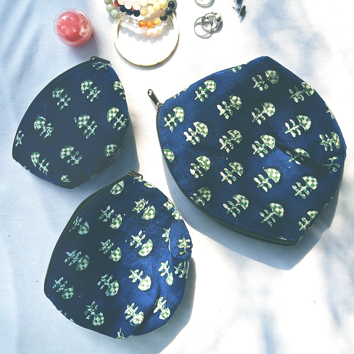 Set of Blue & Green Block Print Travel Pouches