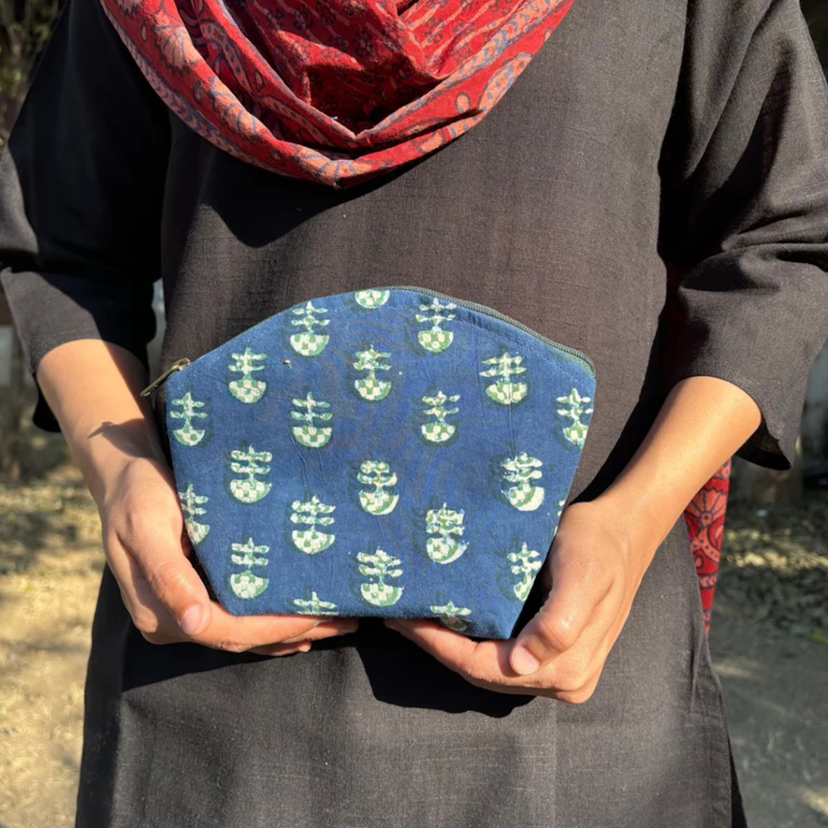 Set of Blue & Green Block Print Travel Pouches