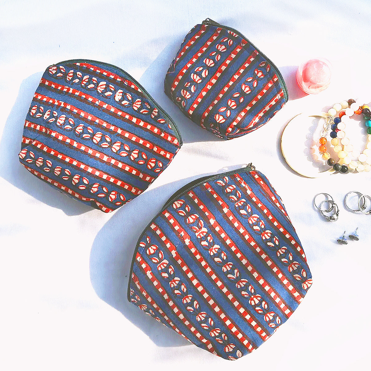 Set of Blue Striped Block Print Travel Pouches