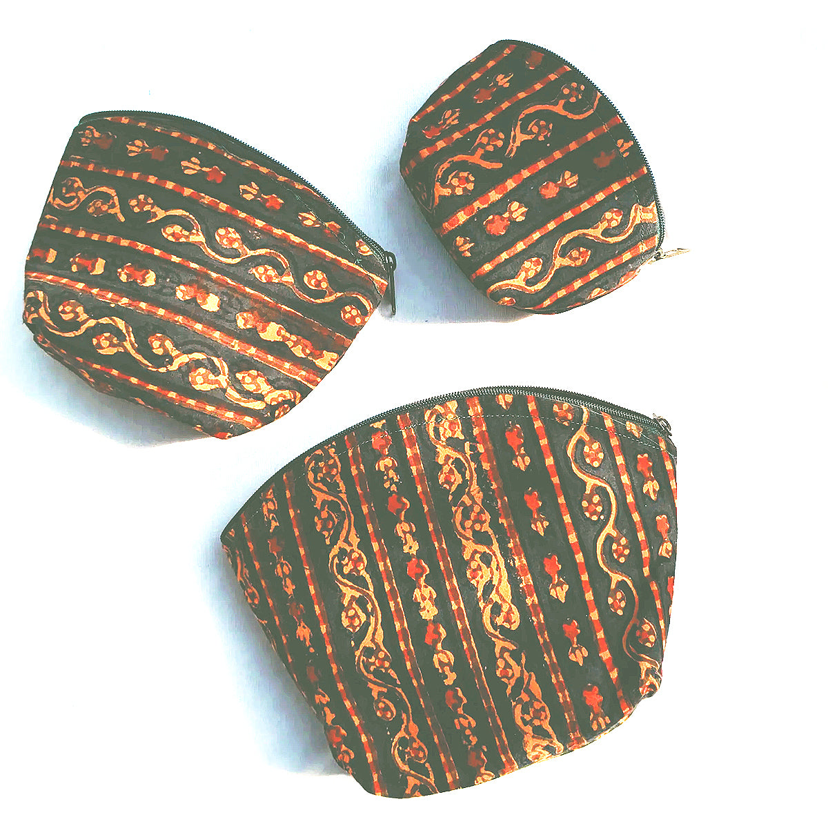 Set of Green & Orange Block Print Travel Pouches