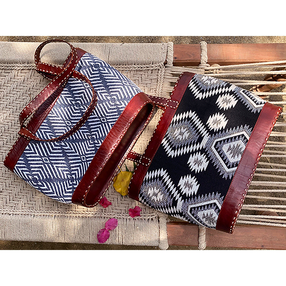 Tilonia@ Leather Tote Bag with Blue & White Diamond Fabric