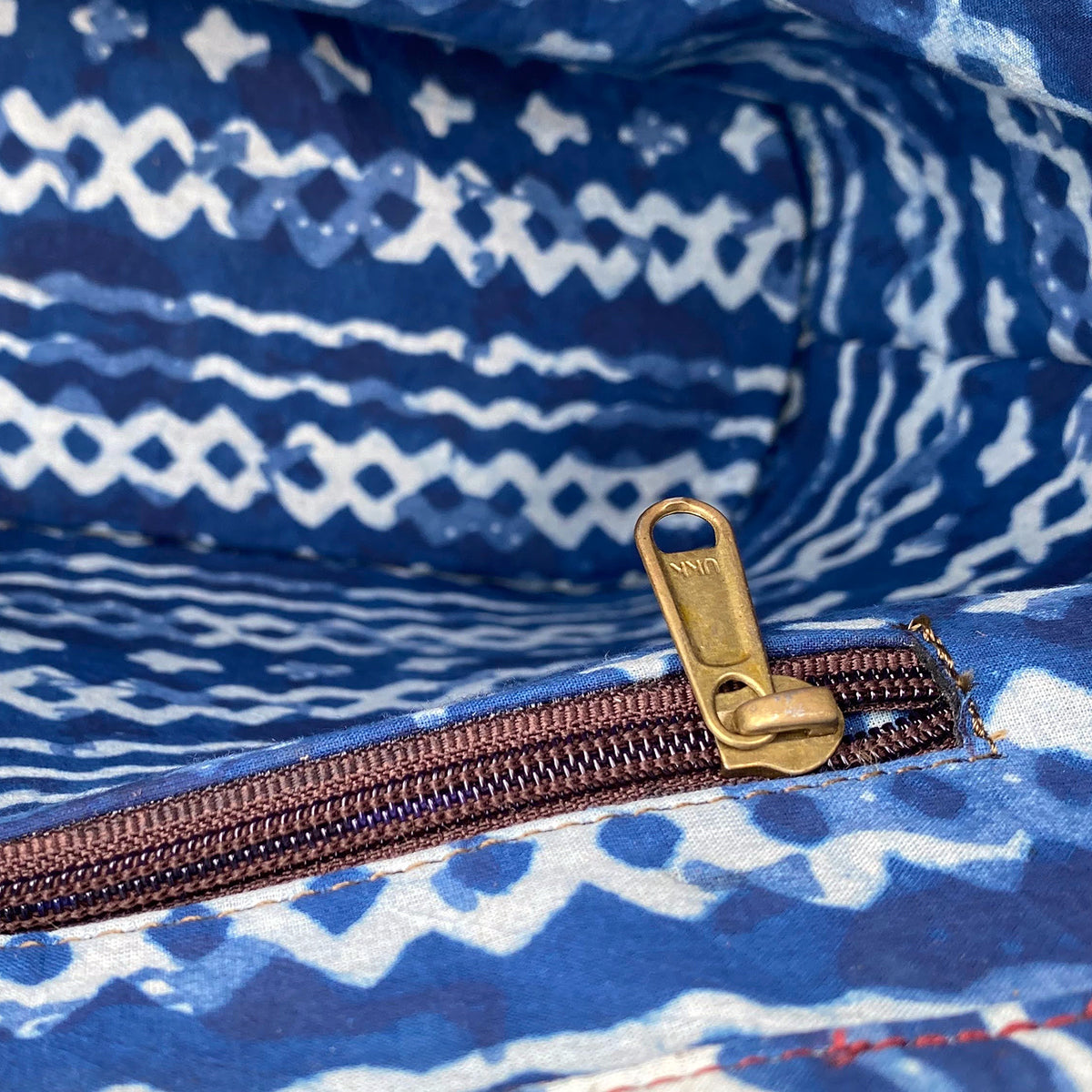 Tilonia@ Leather Tote Bag with Blue & White Diamond Fabric