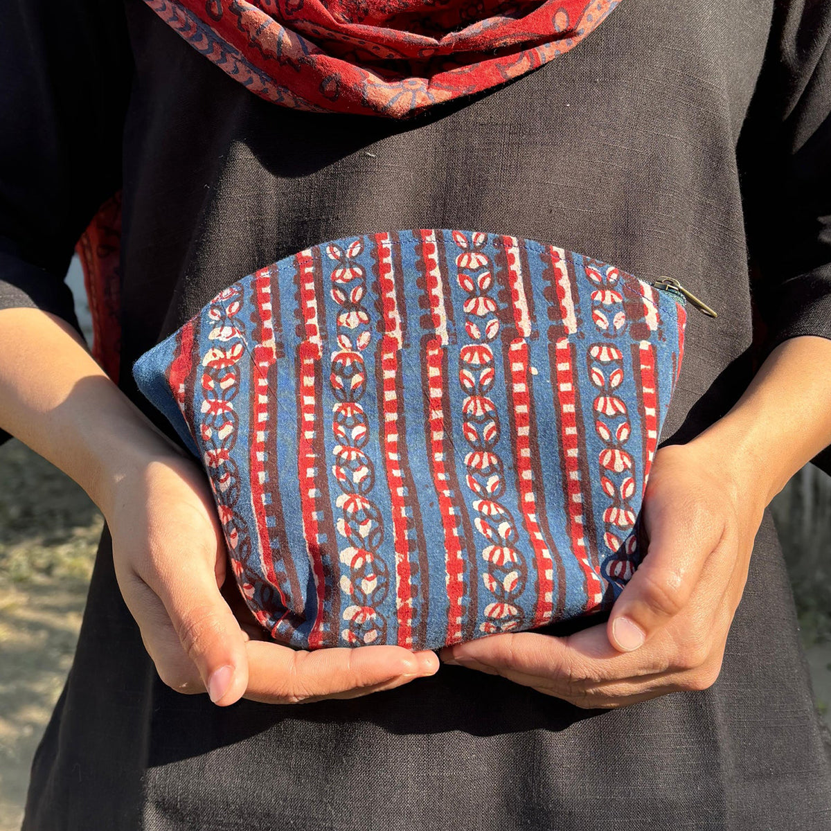 Set of Blue Striped Block Print Travel Pouches