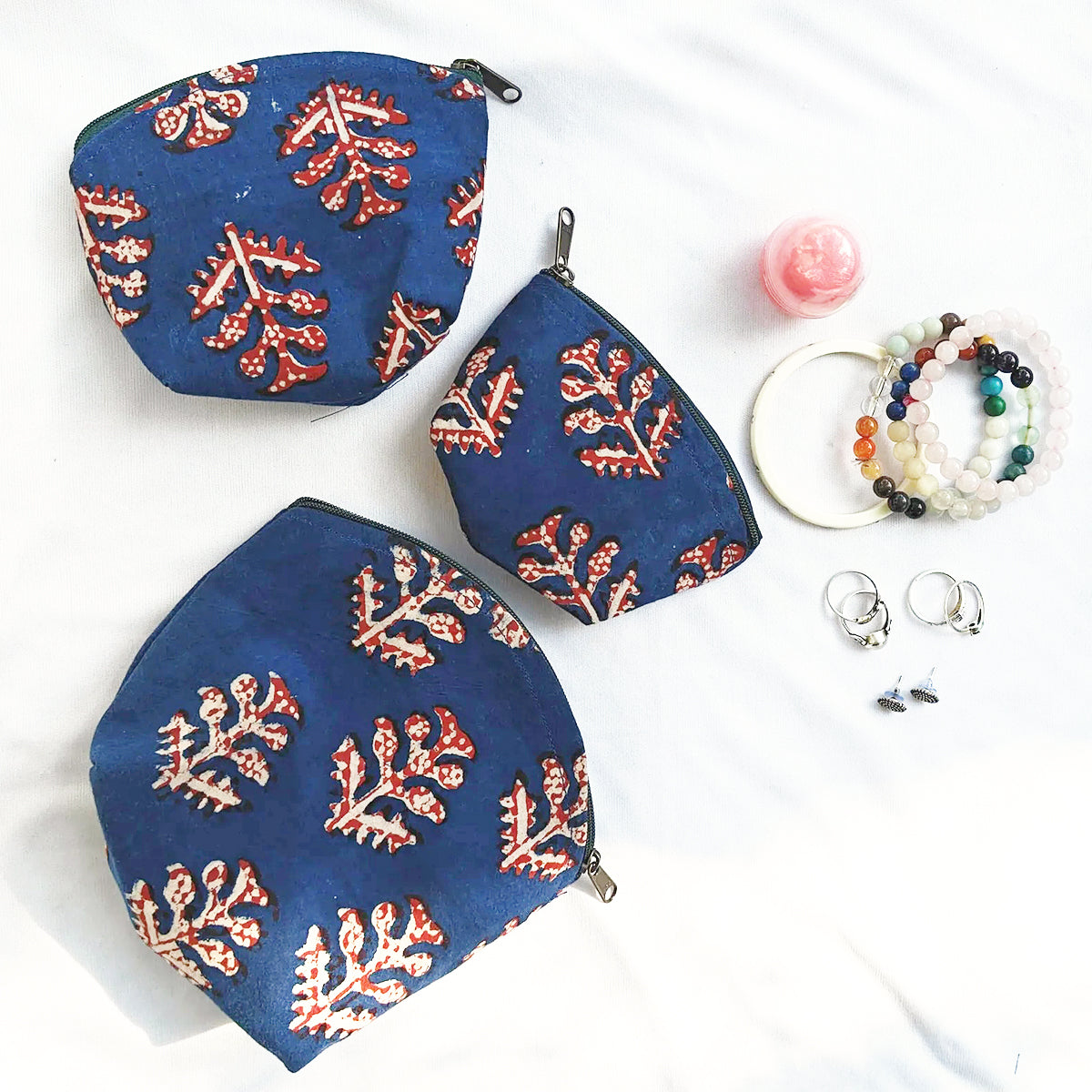 Set of Blue & Red Block Print Travel Pouches