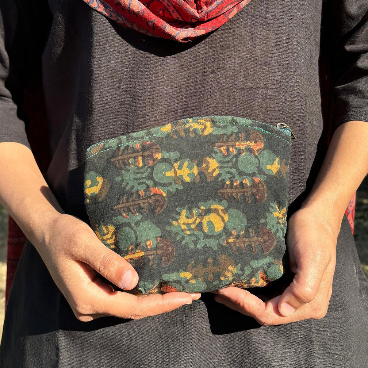 Set of Green &amp; Yellow Block Print Travel Pouches