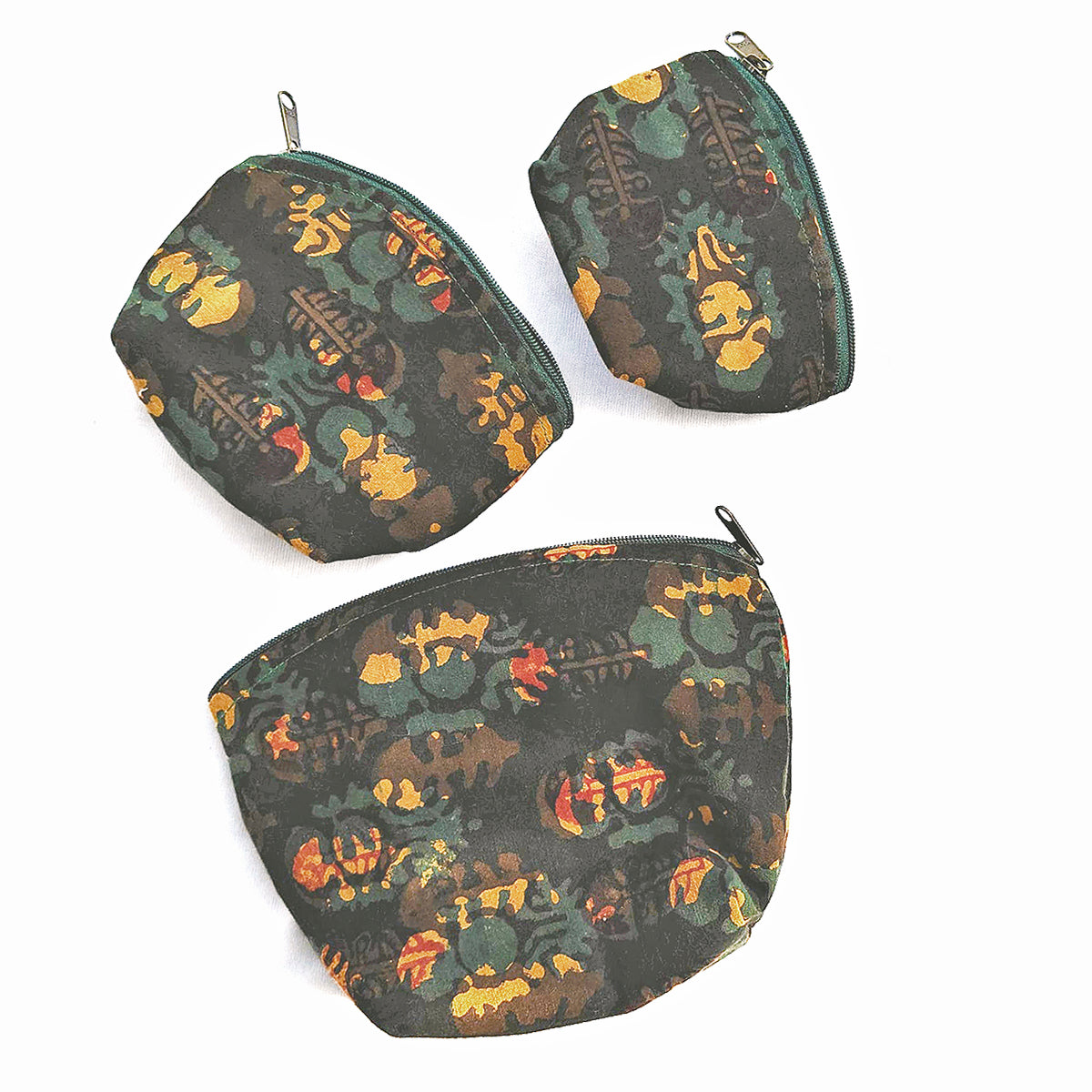 Set of Green & Yellow Block Print Travel Pouches