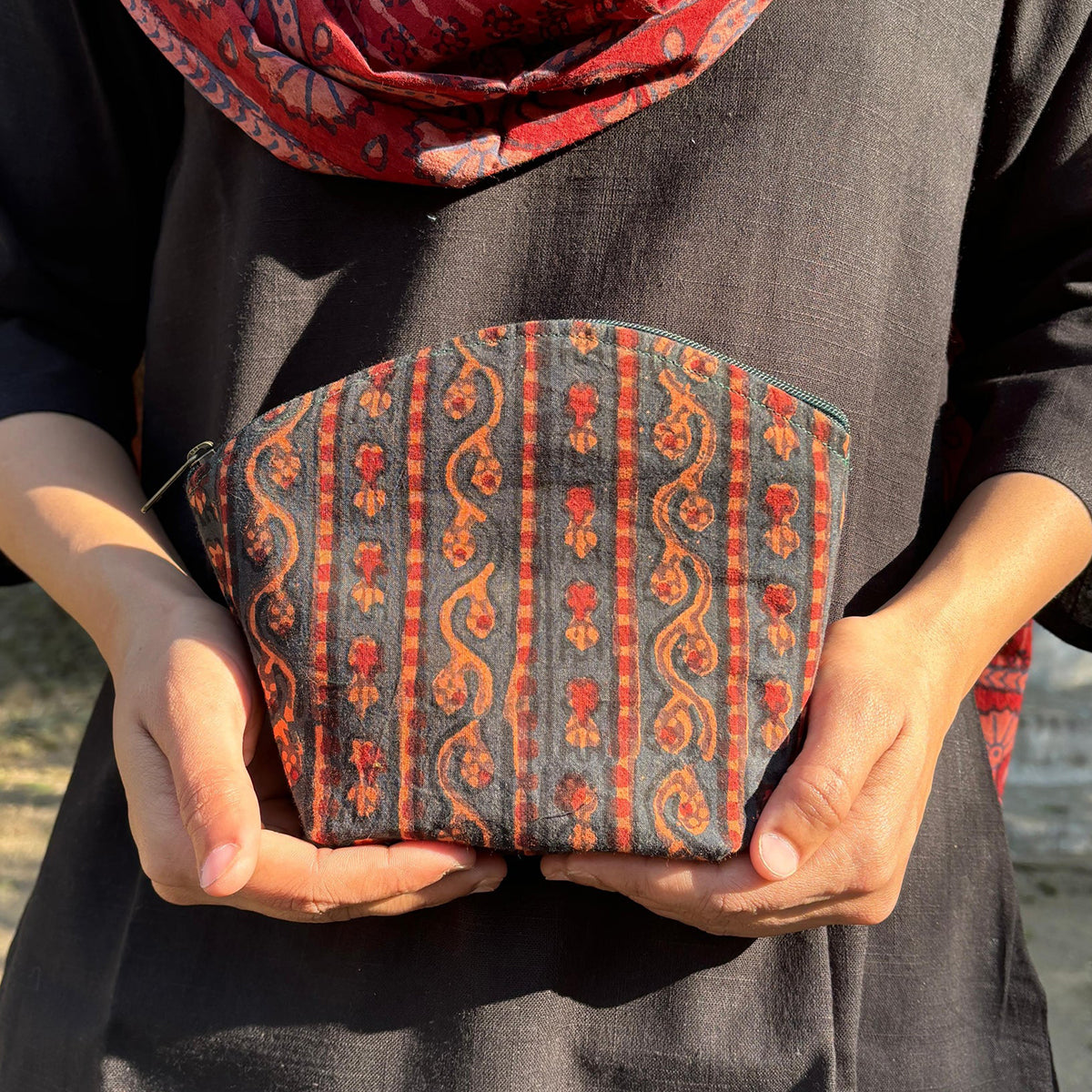 Set of Green &amp; Orange Block Print Travel Pouches