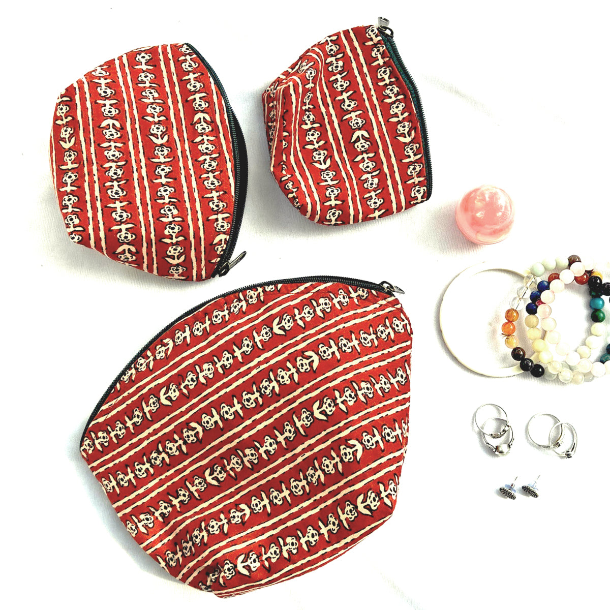 Set of Red Striped Block Print Travel Pouches