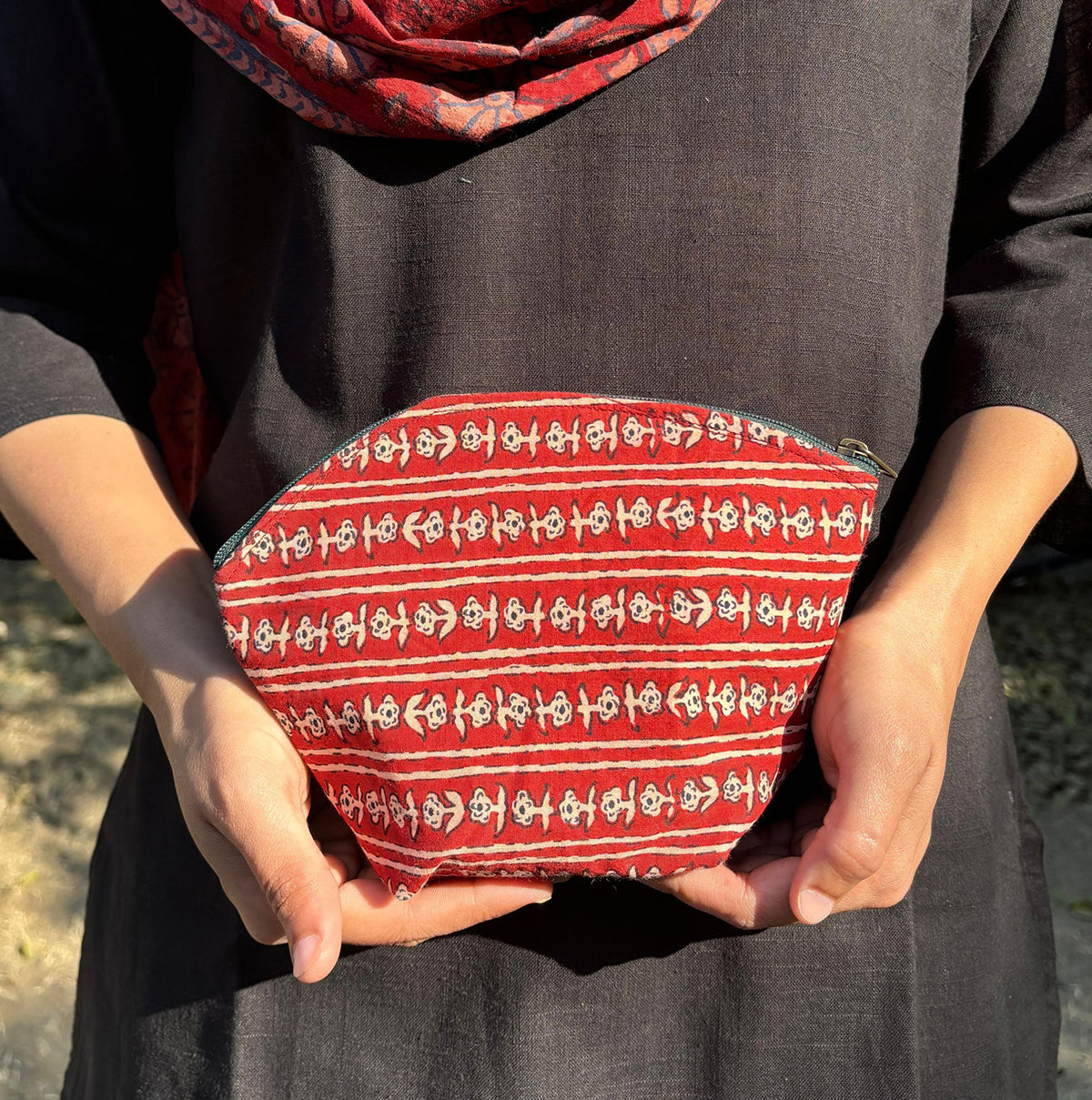 Set of Red Striped Block Print Travel Pouches