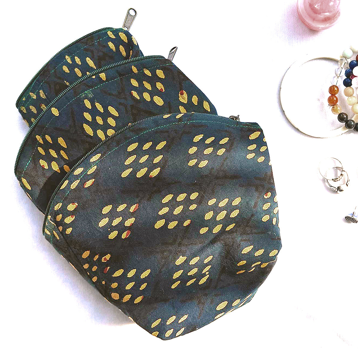 Set of Yellow & Green Block Print Travel Pouches