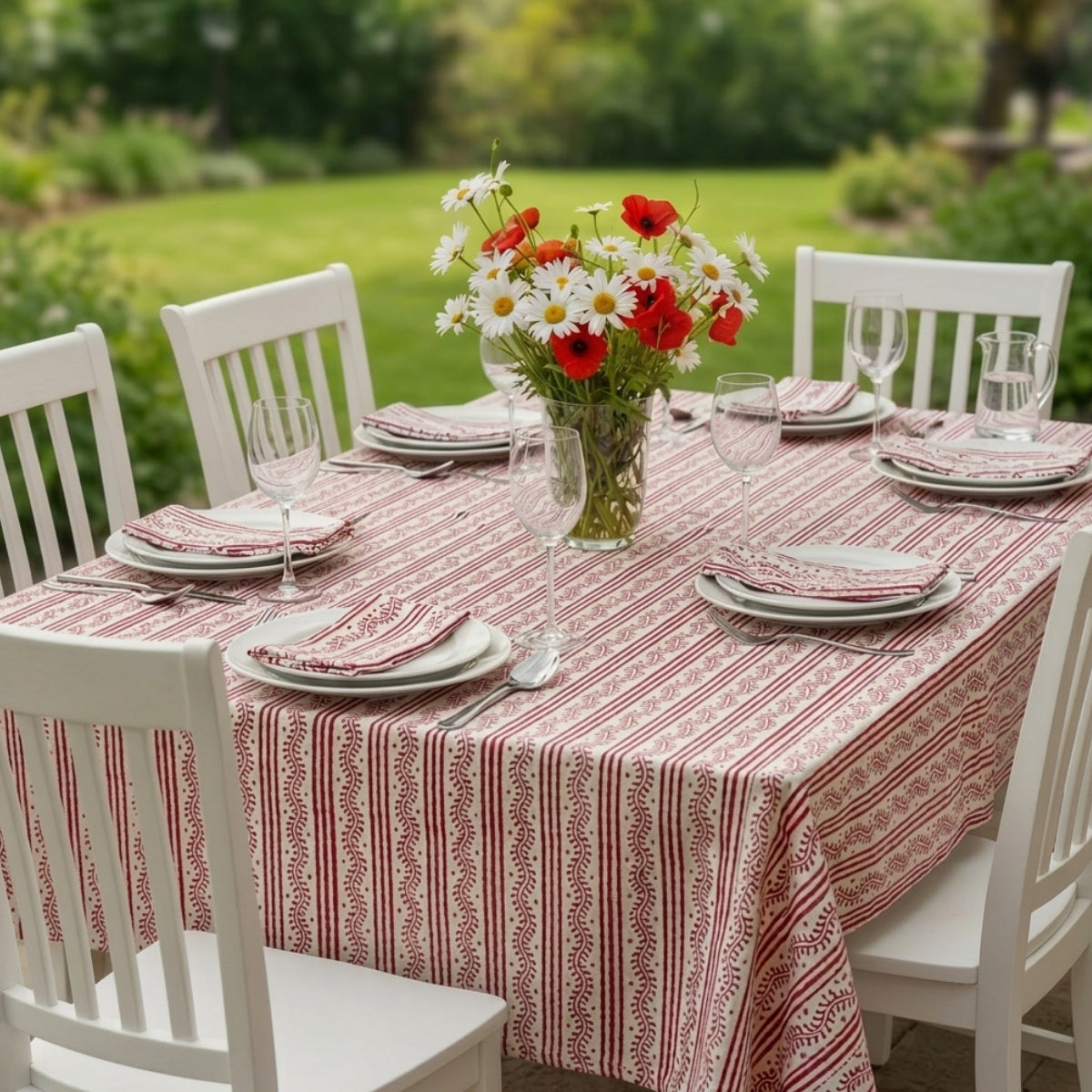 Tilonia® Table Linen &amp; Napkin Set for 6 - Centipede Stripe in Cranberry Red
