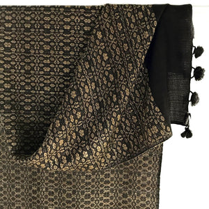 Avani Wild Silk & Wool Shawl in Black & Gold Almora Pattern
