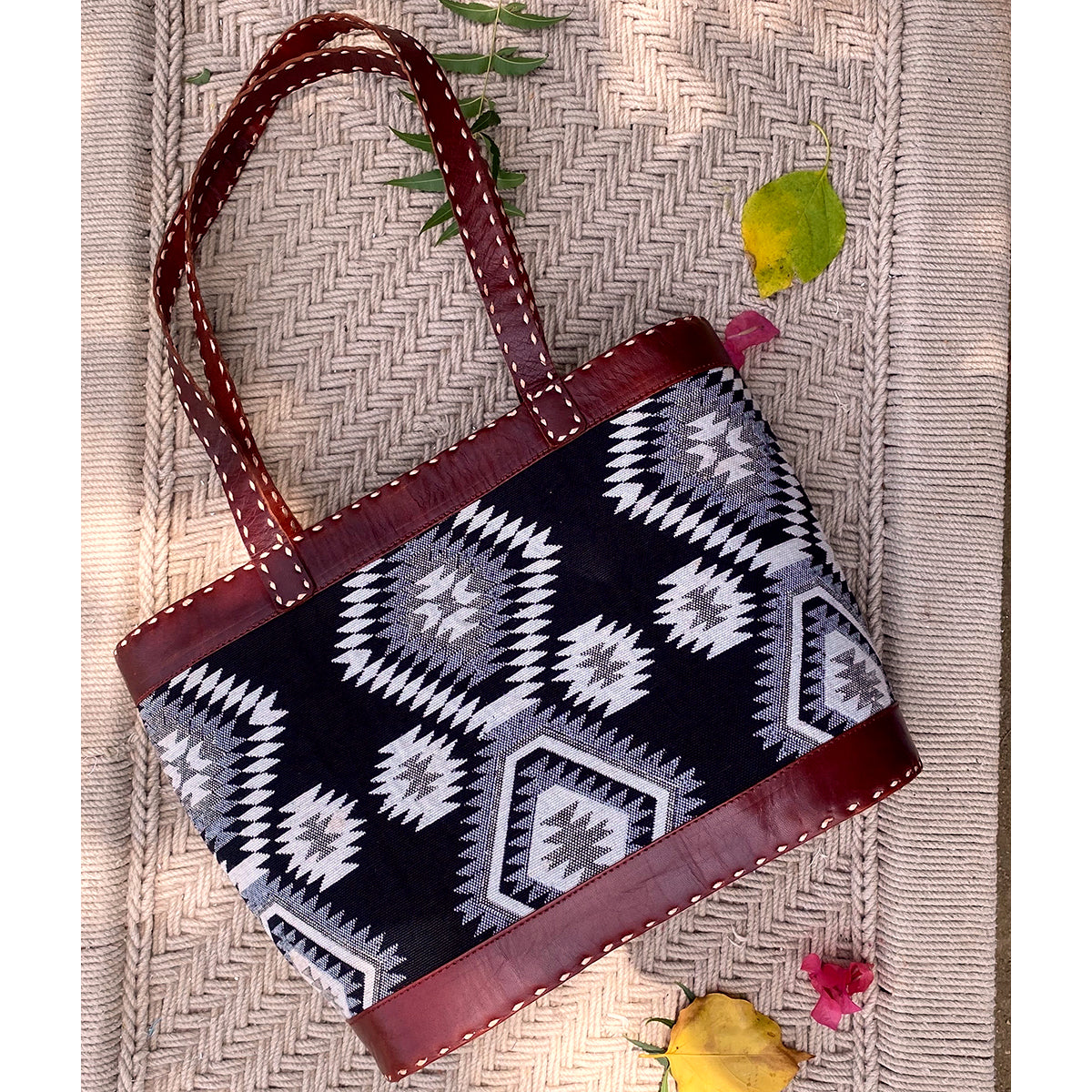 Tilonia@ Leather Tote Bag with Black & White Tribal Fabric